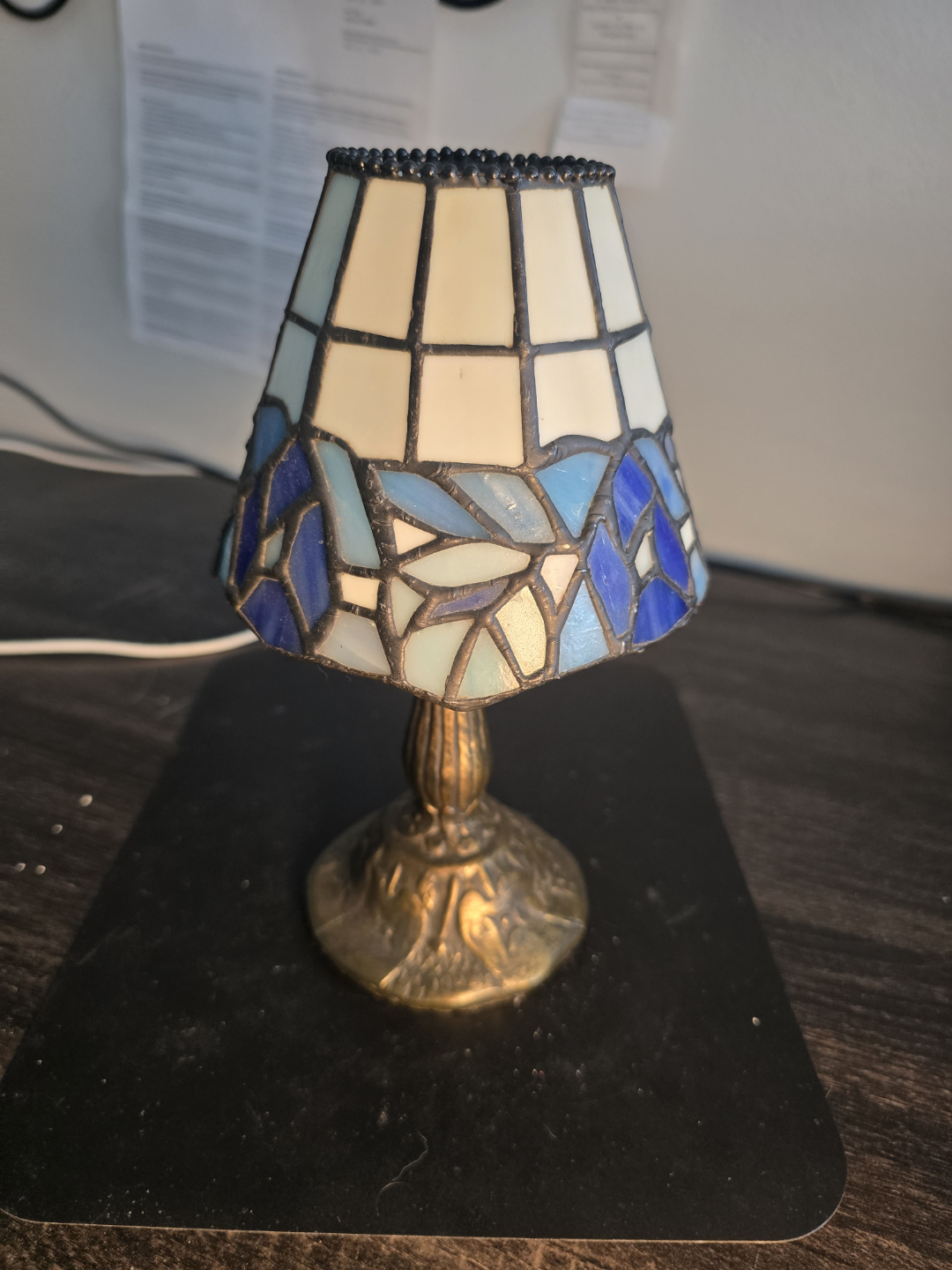 Small Tiffany Style Table candle Lamp with Blue and White Shade