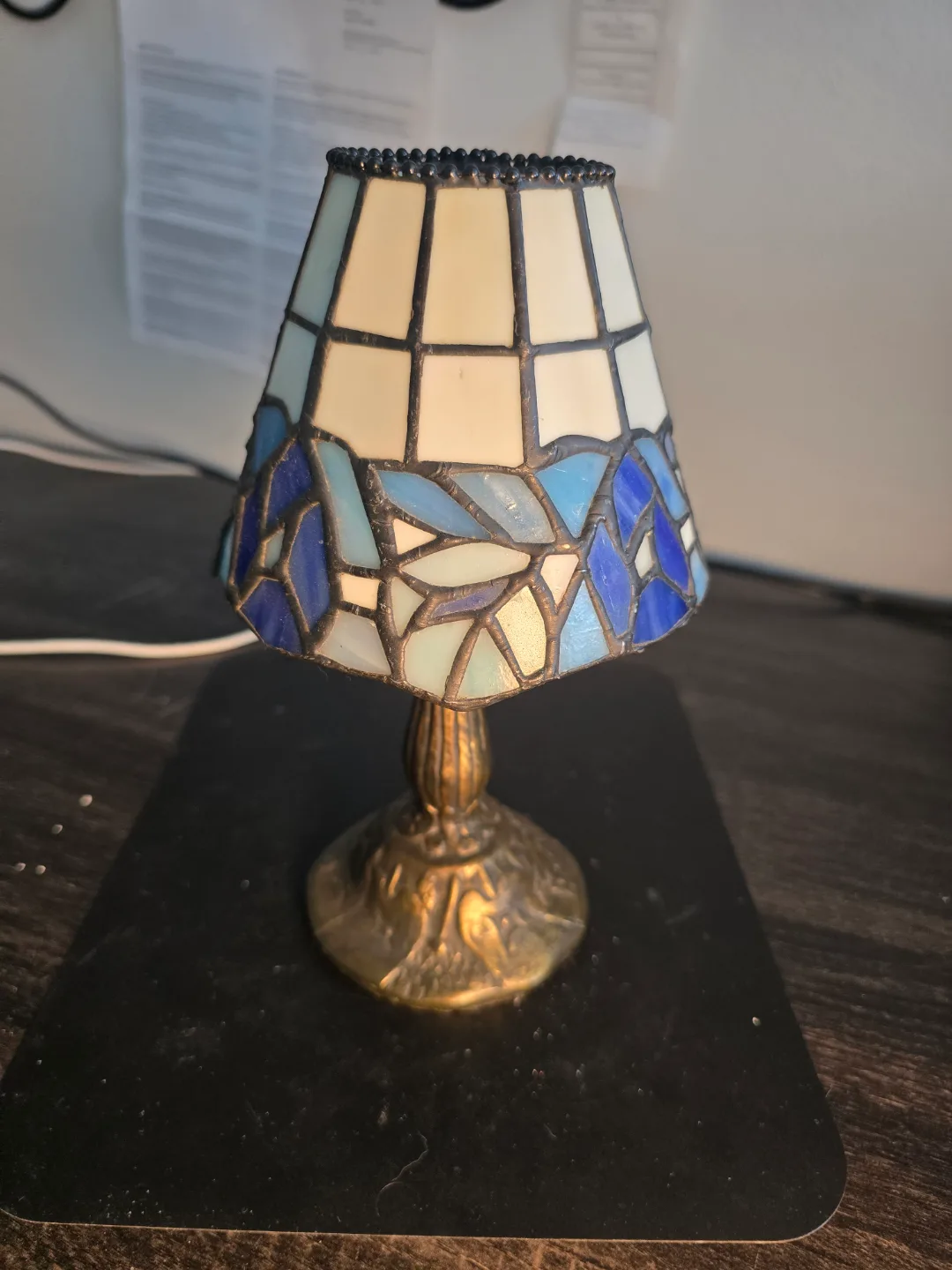 Small Tiffany Style Table candle Lamp with Blue and White Shade thumbnail