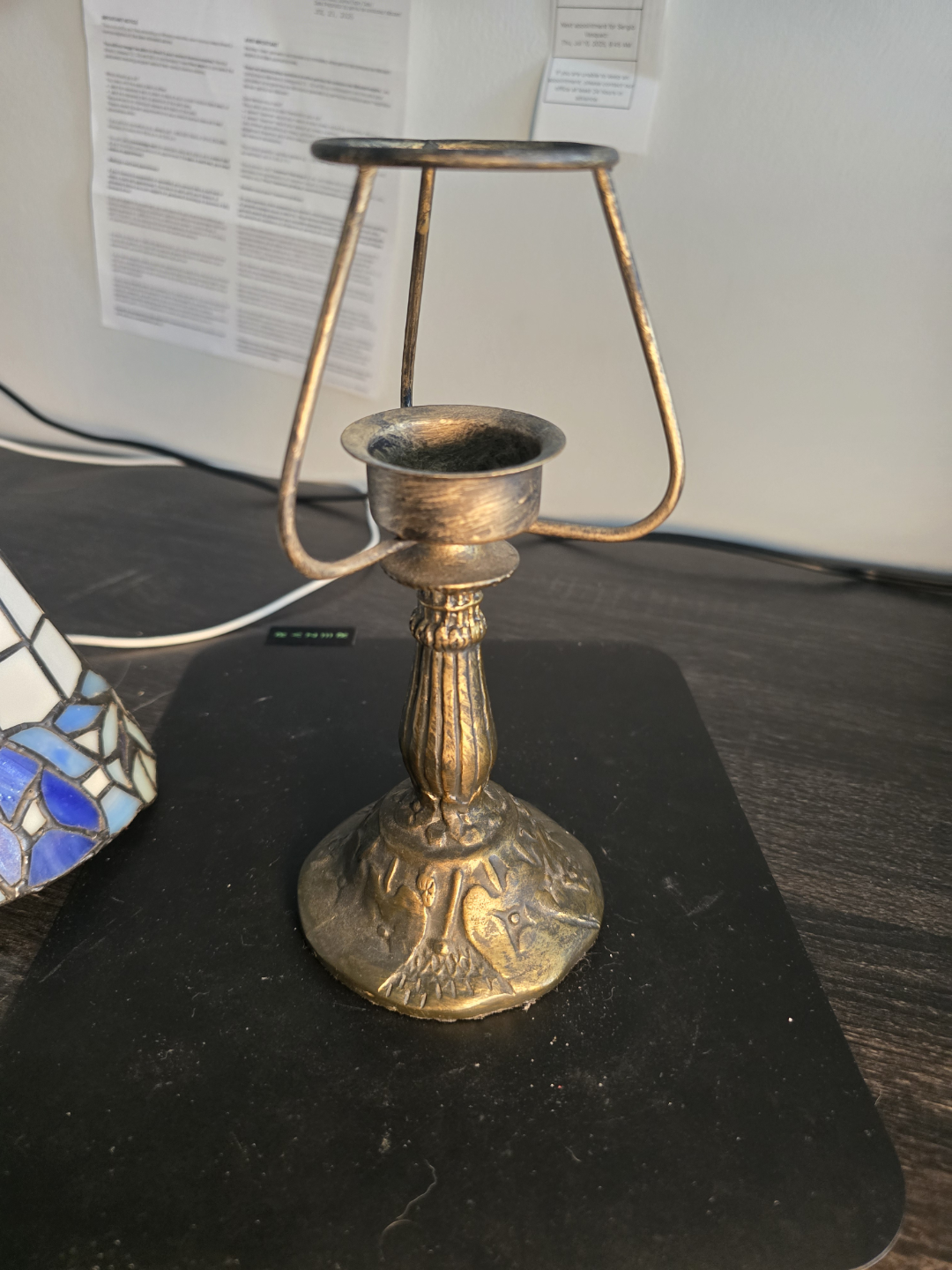 Small Tiffany Style Table candle Lamp with Blue and White Shade - photo 2