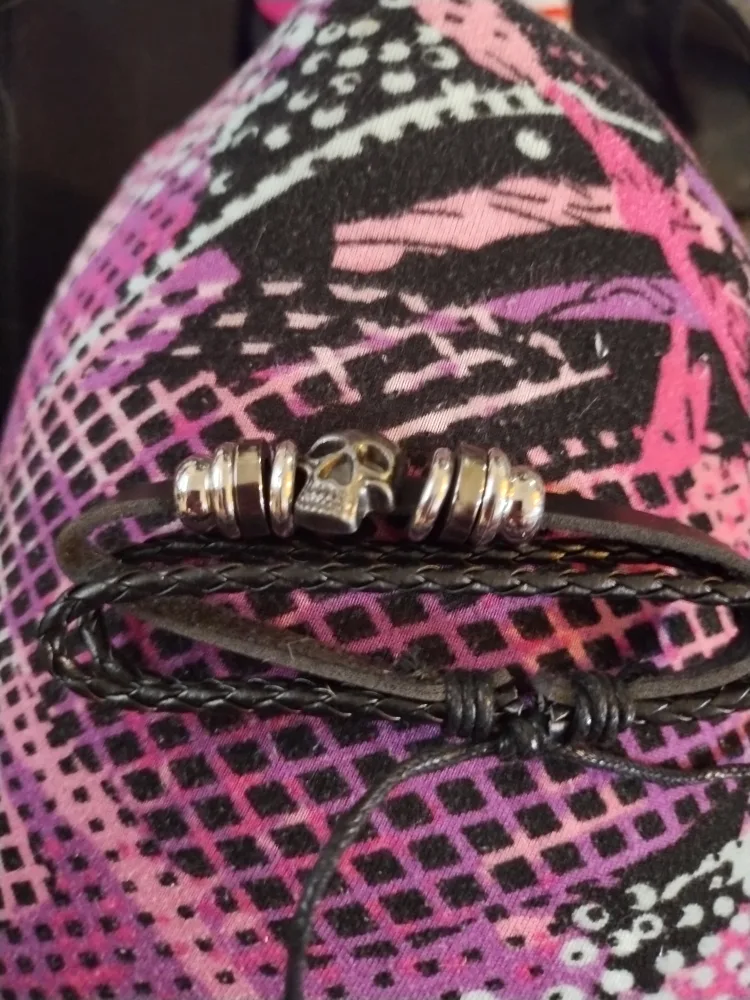 Men's Black Leather Bracelet with Skull Charm image indicator(5)