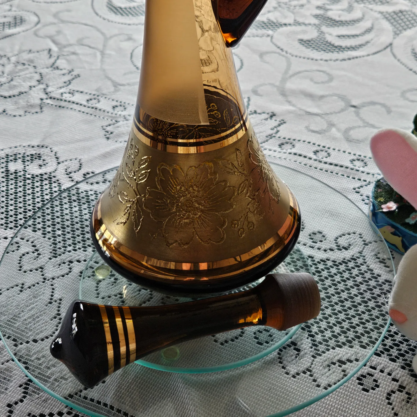 Vintage Bohemian Amber Glass Liquor Decanter image indicator(9)