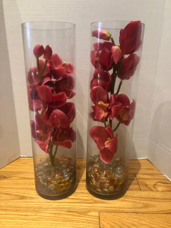 Pair of Glass Cylinder Vases with Artificial Orchids image indicator(2)