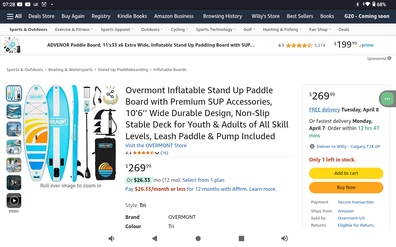 Overmont Inflatable Stand Up Paddle Board
