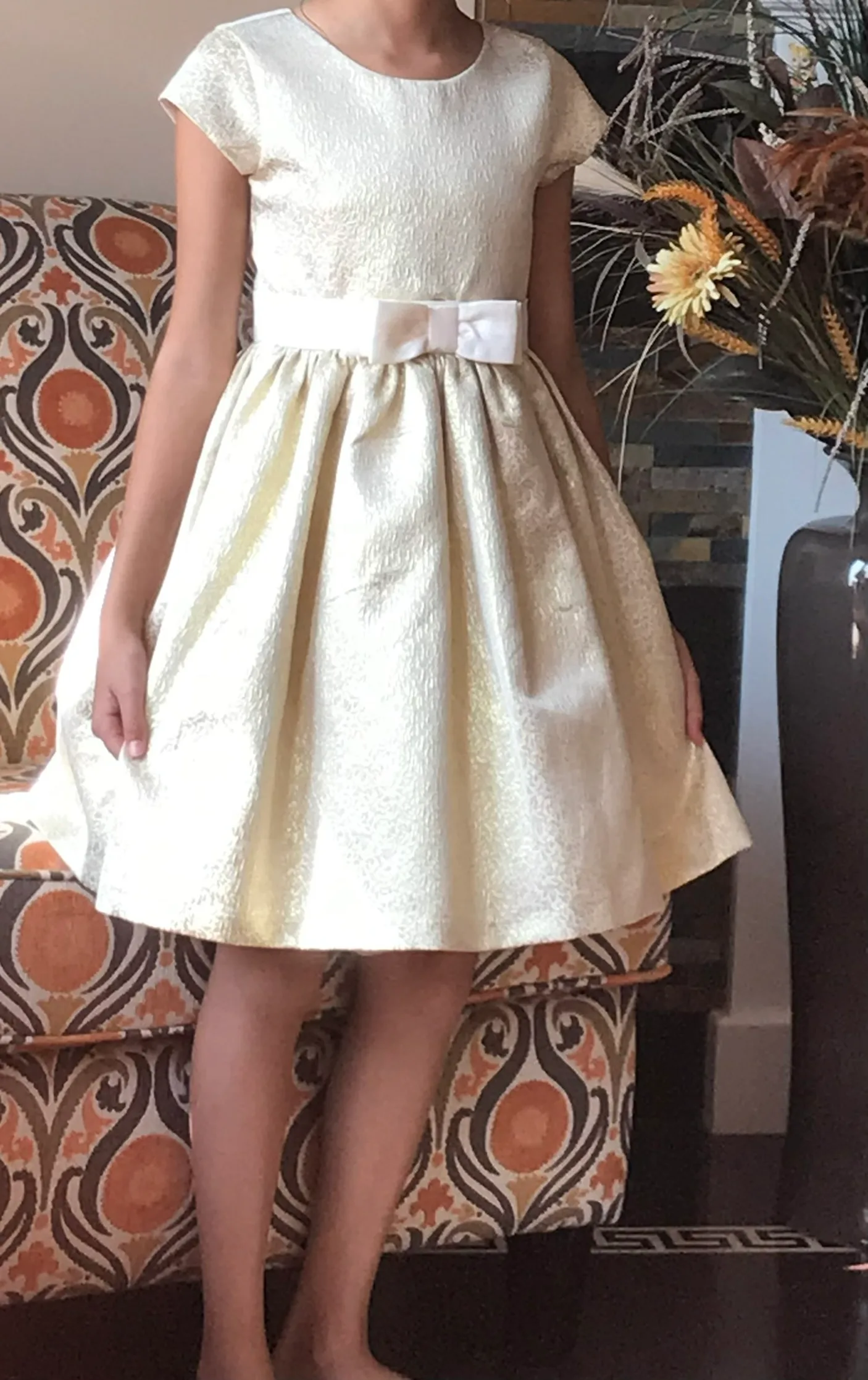 Girls' Gold Brocade Party Dress with Bow Belt image indicator(2)