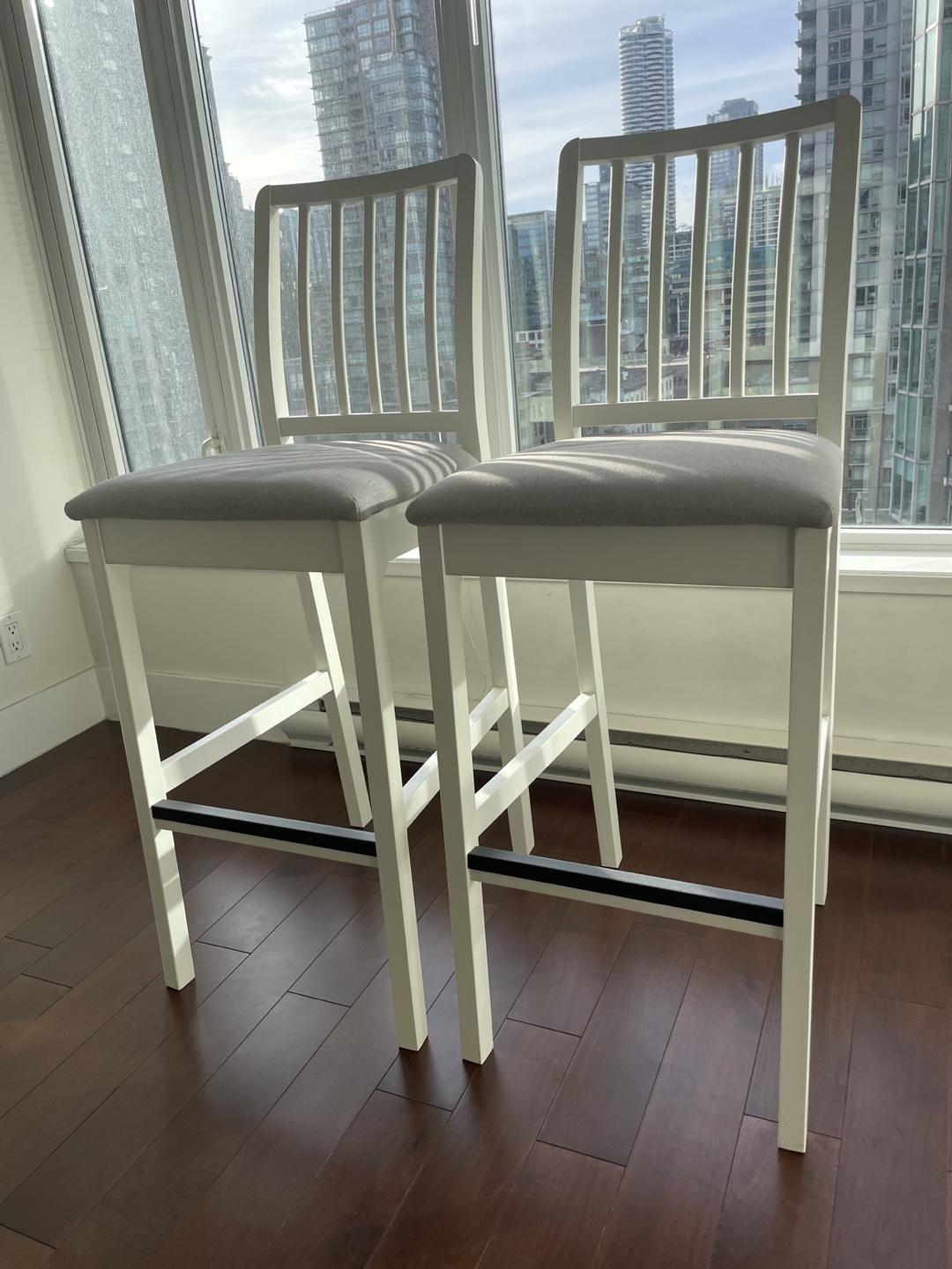 Pair of IKEA White Bar Stools with Grey Cushions - photo 2