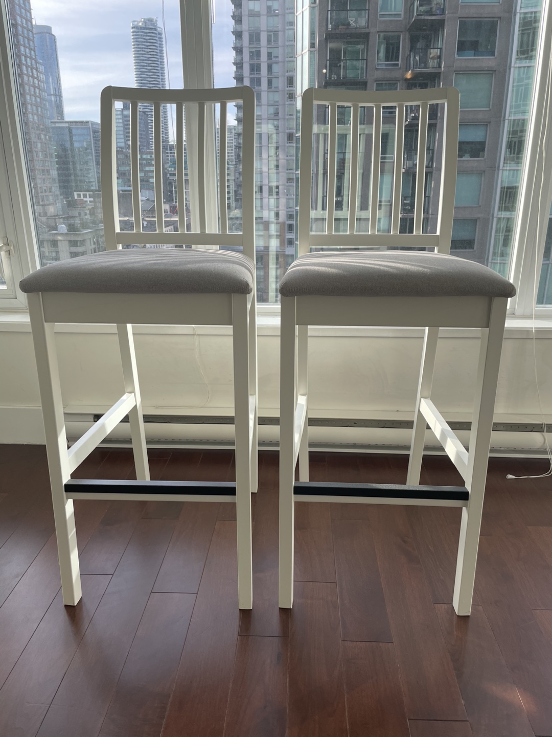 Pair of IKEA White Bar Stools with Grey Cushions