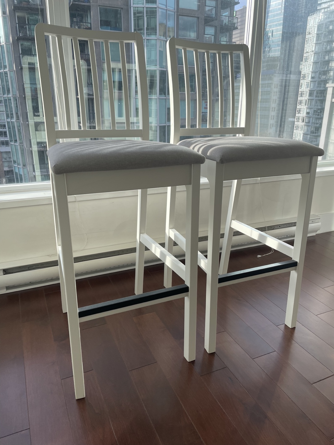 Pair of IKEA White Bar Stools with Grey Cushions - photo 3
