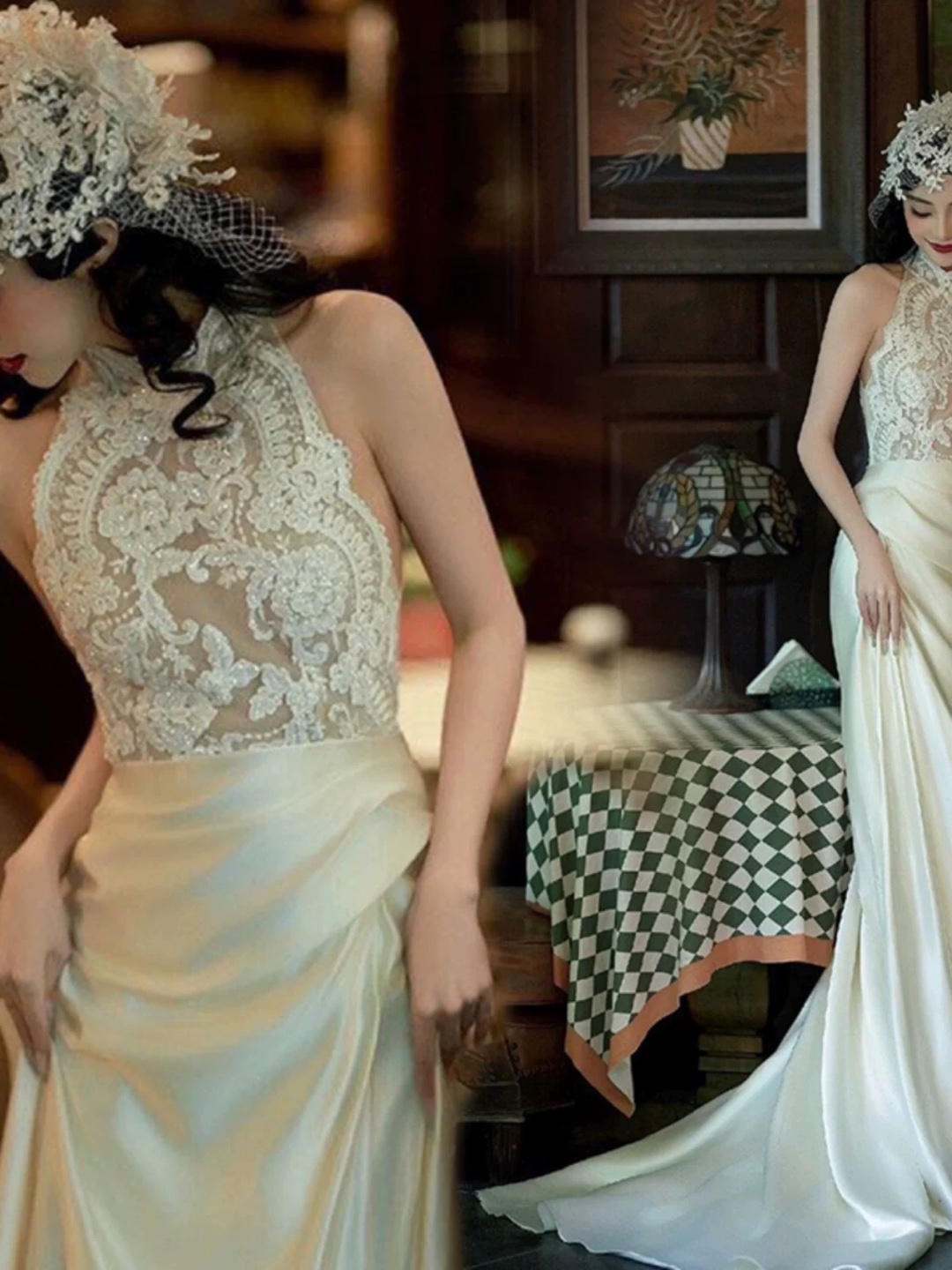 Elegant Off-White Lace and Satin Halter Gown - photo 3