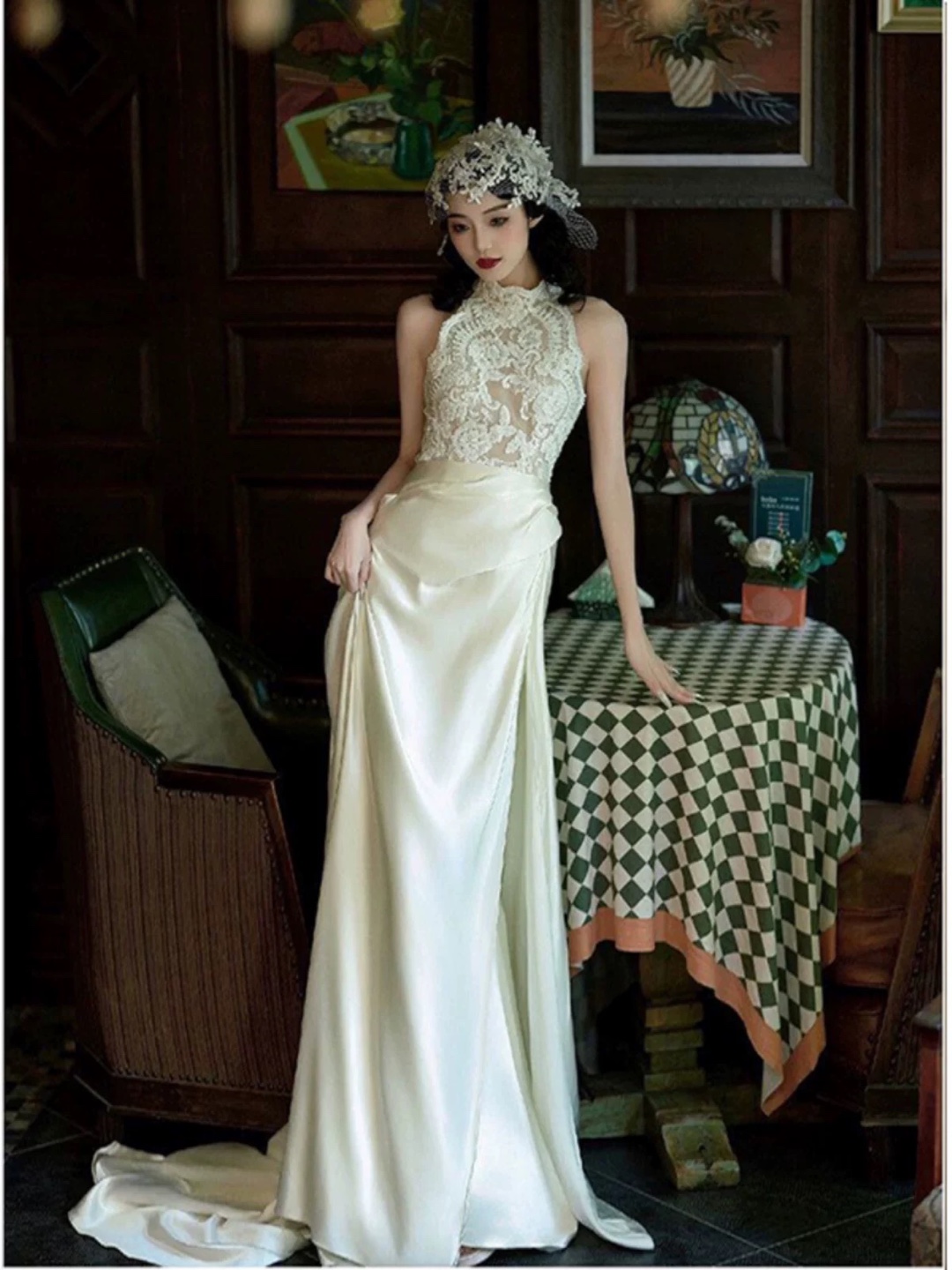 Elegant Off-White Lace and Satin Halter Gown