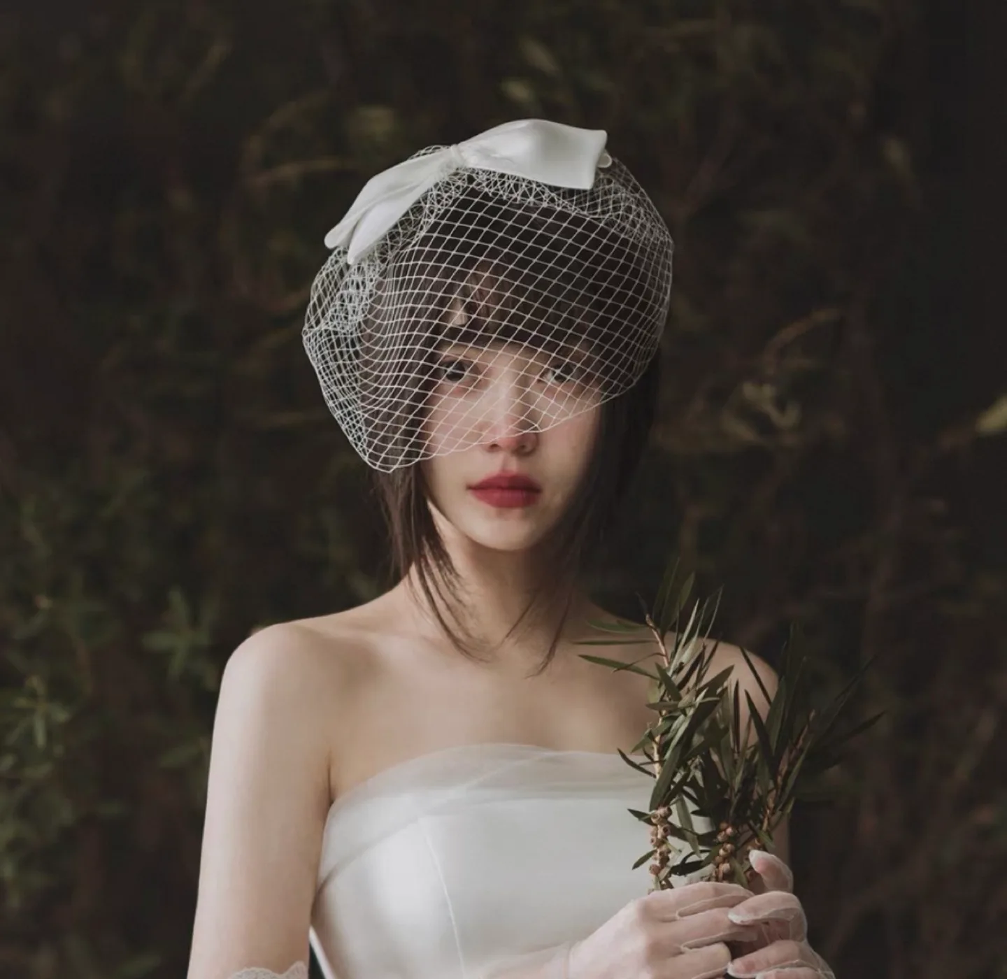 White Bridal Birdcage Veil with Satin Bow image indicator(2)