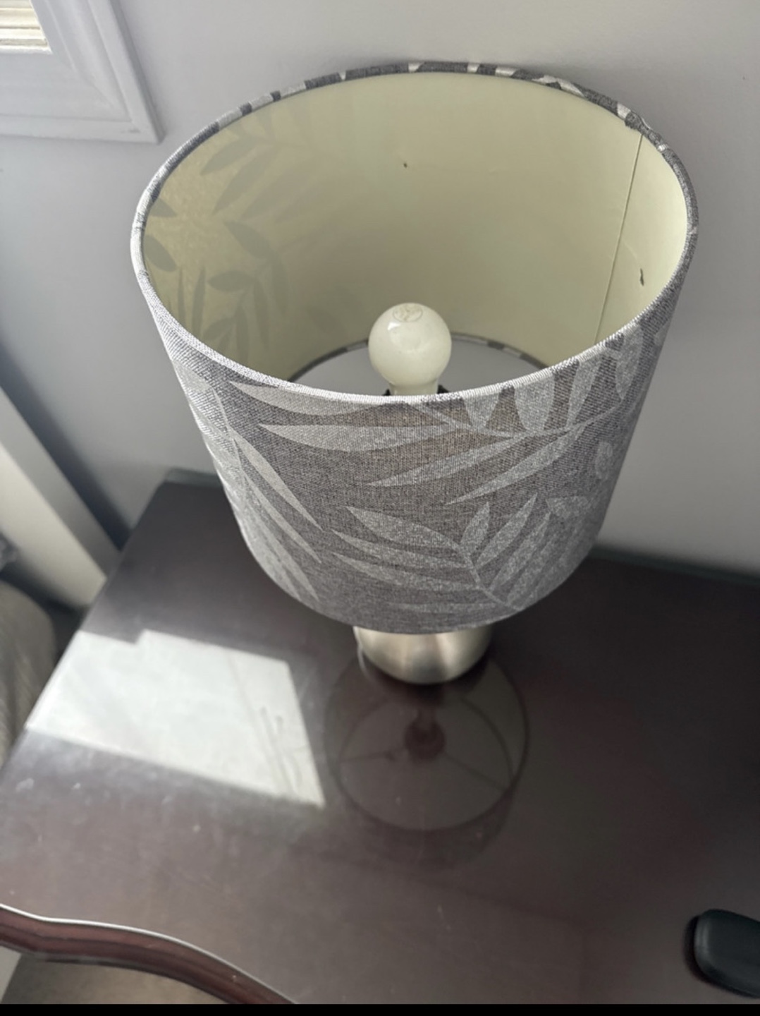 Stylish Table Lamp with Grey and White Leaf Pattern Shade