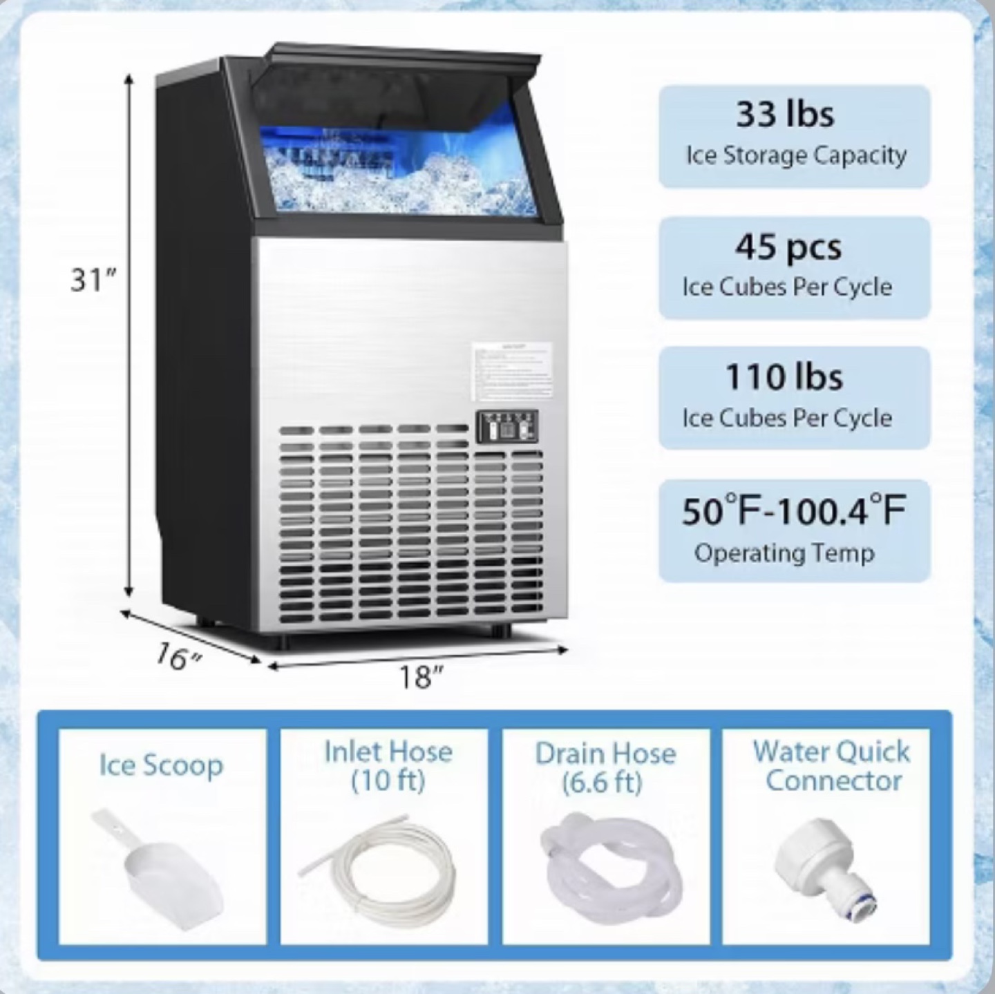 Commercial Ice Maker Machine- 33lb Ice Storage, 110 Cubes/Cycle - photo 2