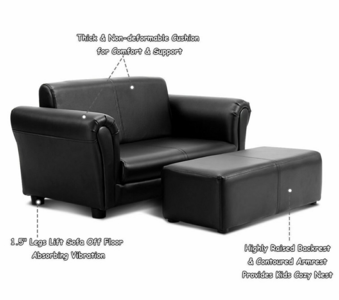 Kids Sofa Set with Ottoman - Black Faux Leather