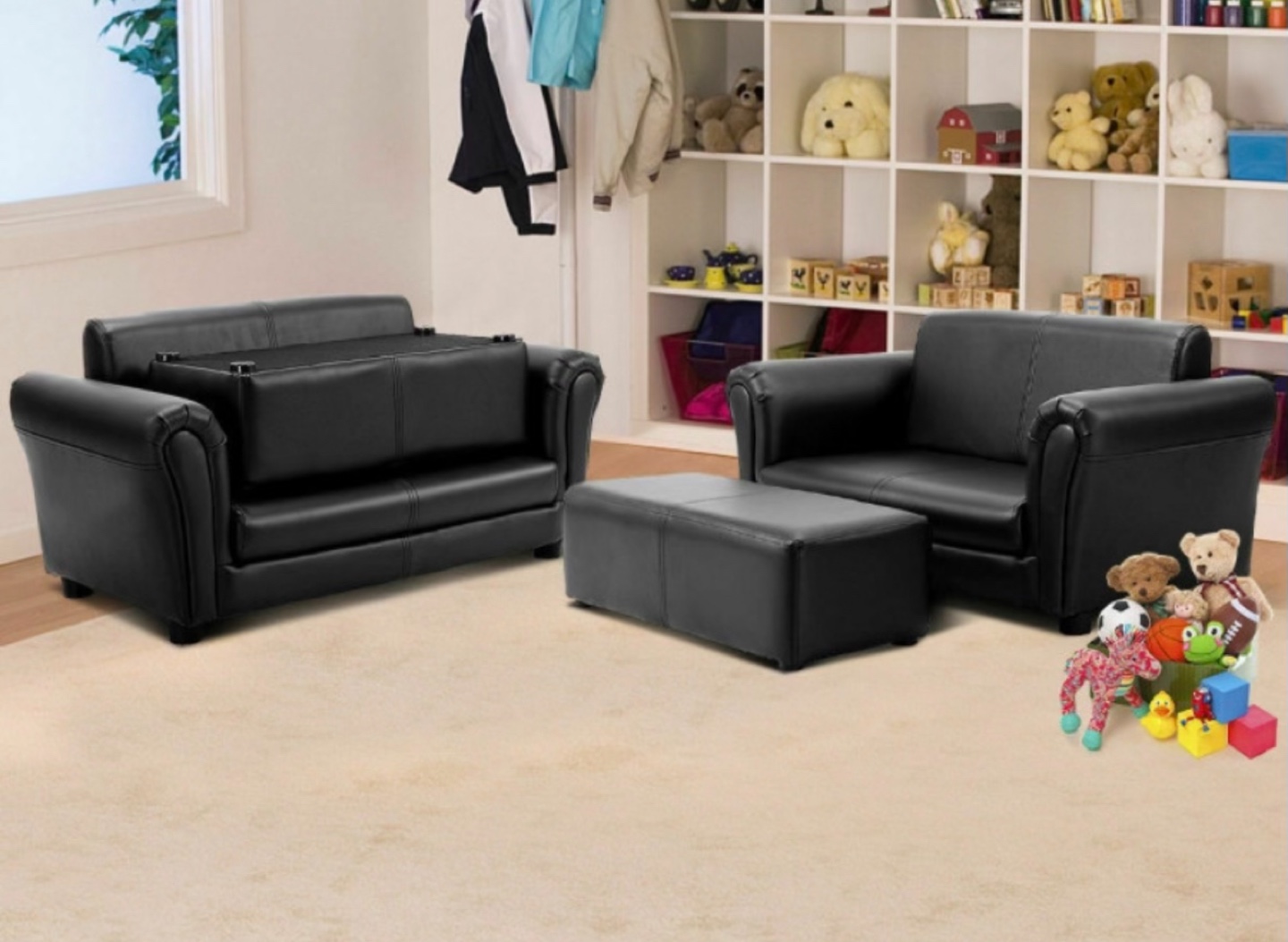 Kids Sofa Set with Ottoman - Black Faux Leather - photo 2