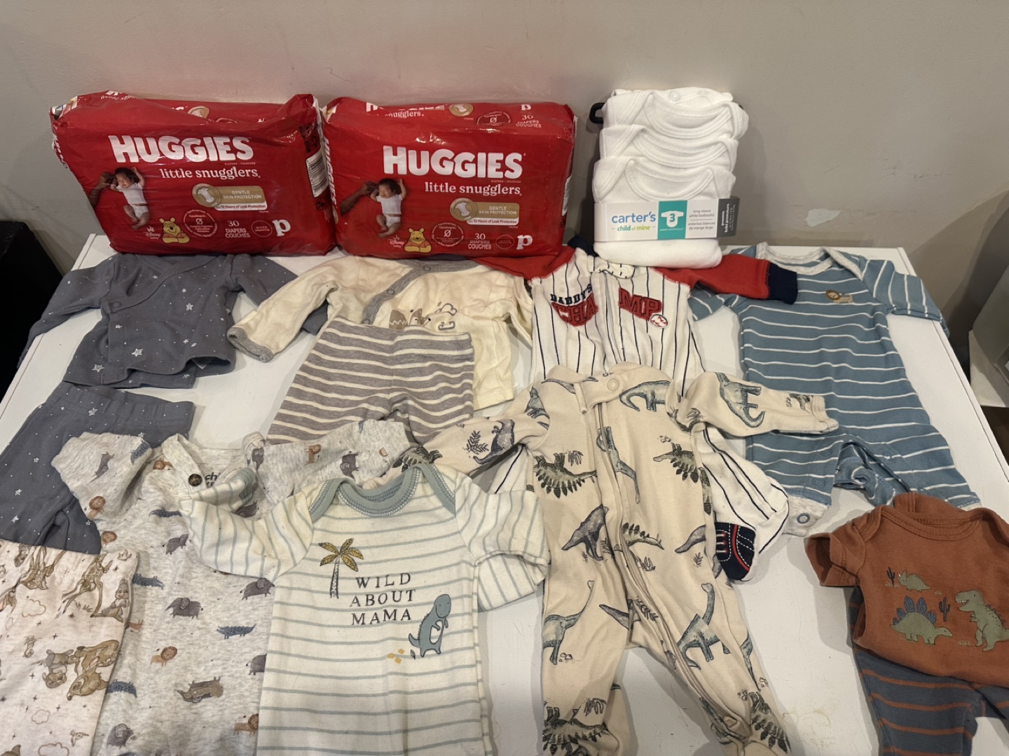 Bundle of Preemie Baby Boy Clothes & Huggies Diapers