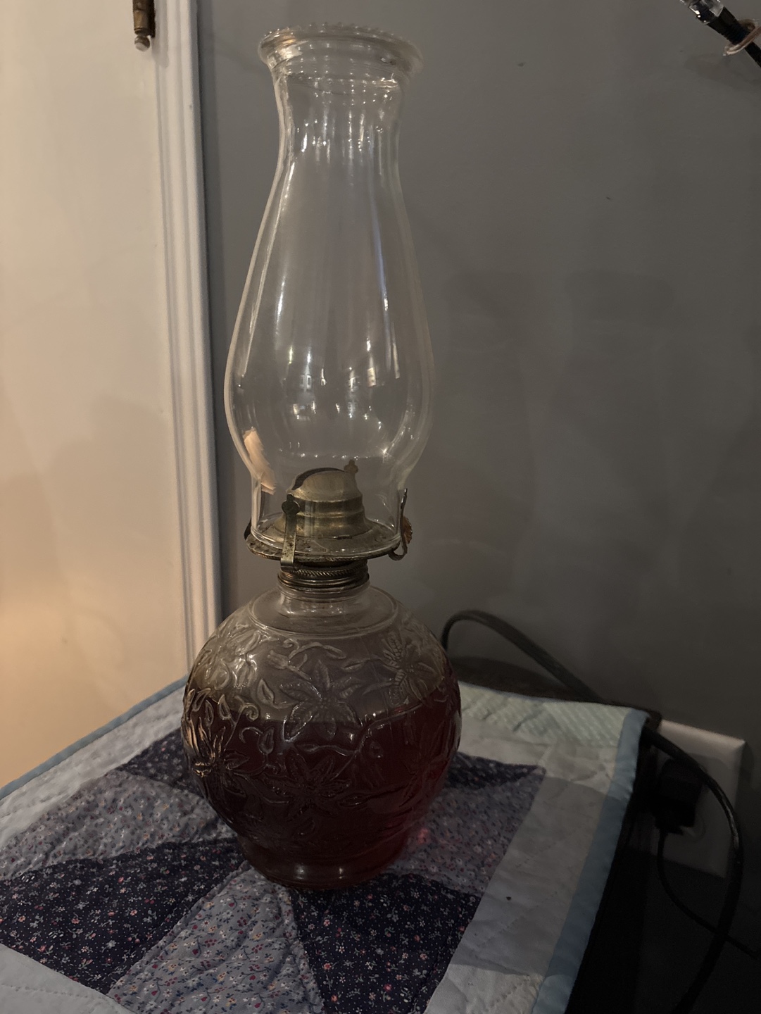 Antique Oil Lamp with Floral Etched Glass