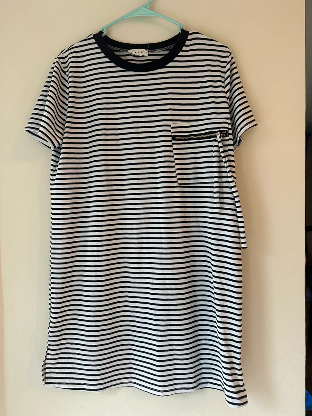 ANGYIZHAN Black and White Striped T-Shirt Dress thumbnail