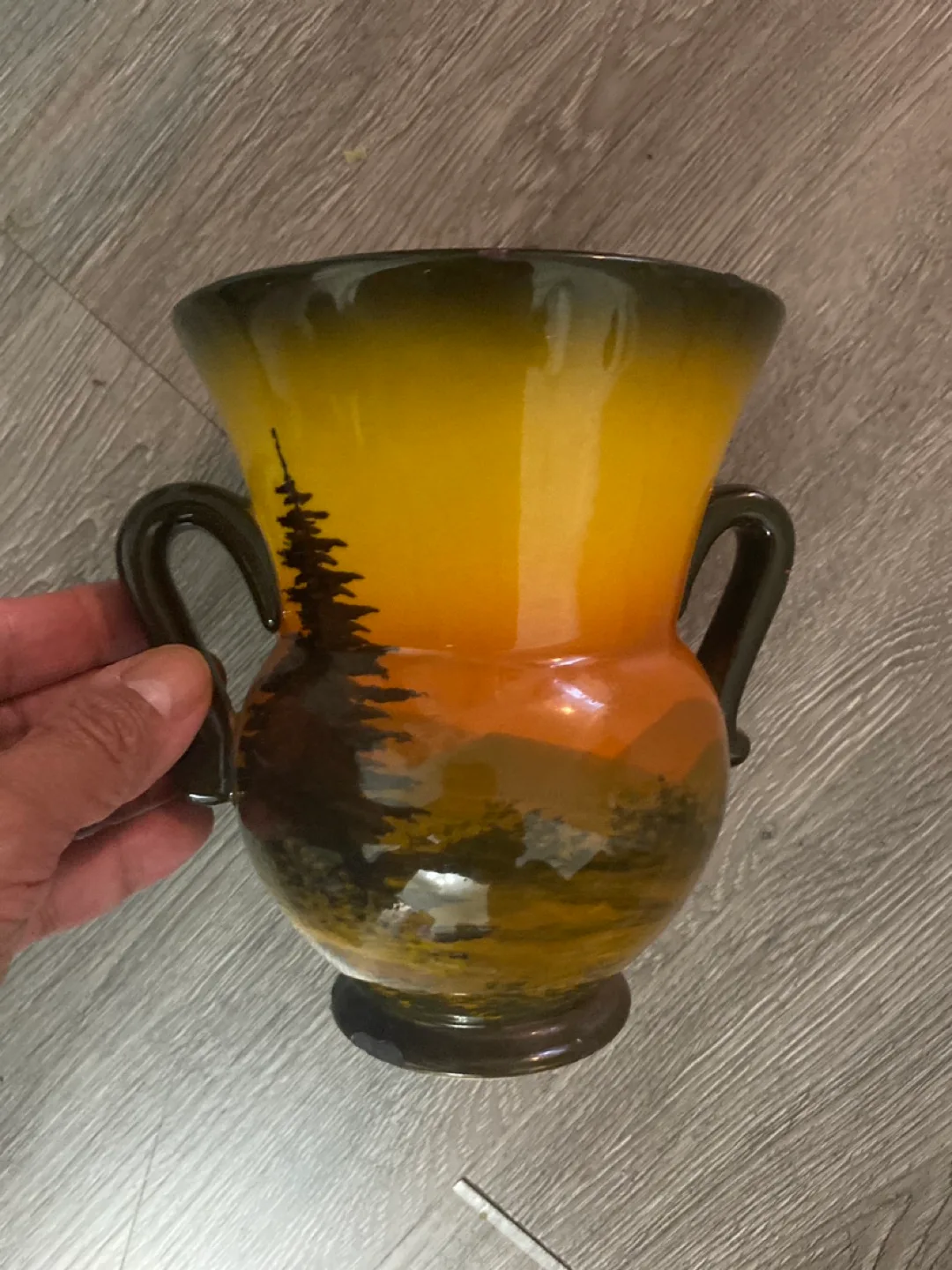 Vintage Two-Handled Vase with Sunset Landscape thumbnail
