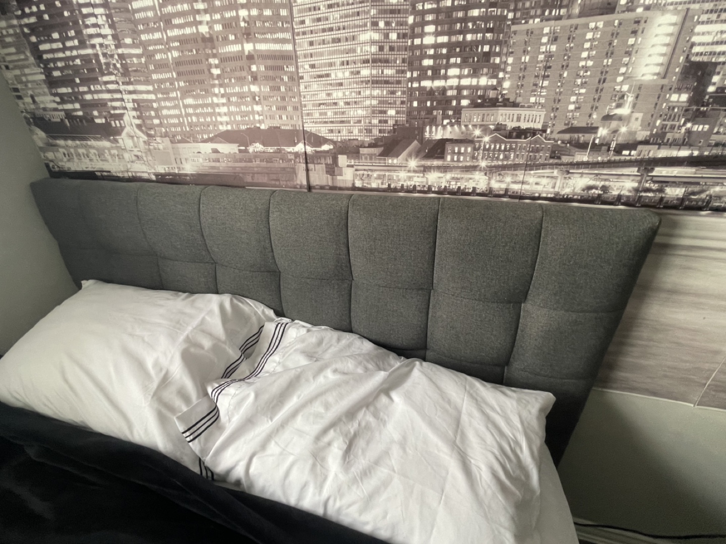Grey upholstered queen bed frame with matching boxspring - photo 2