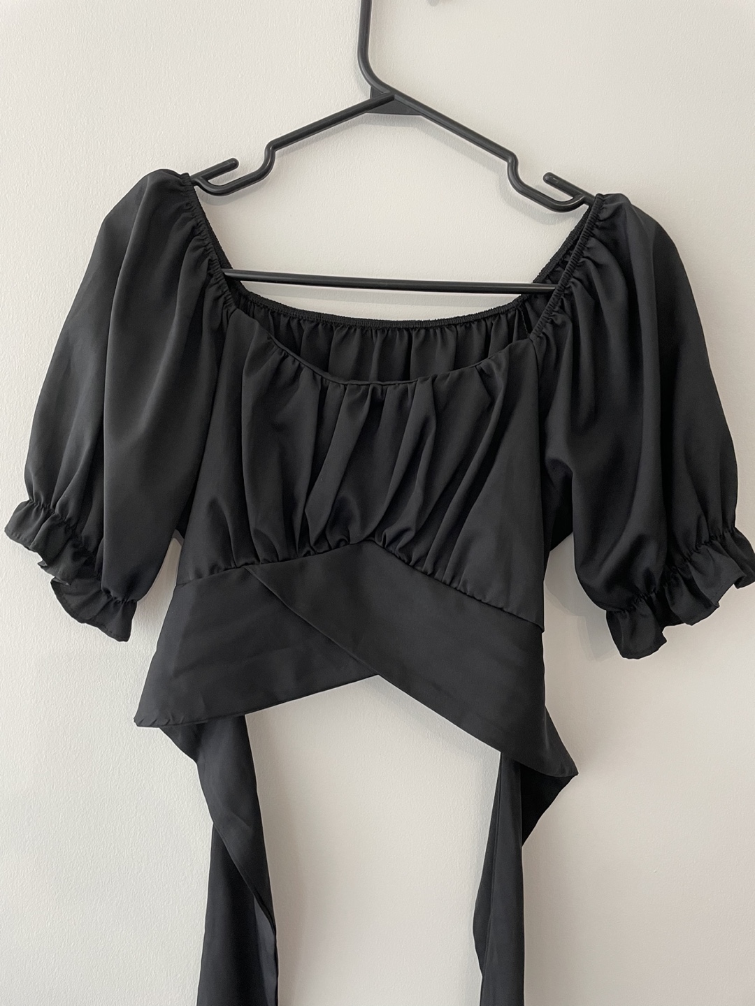 Black Satin Puff Sleeve Top