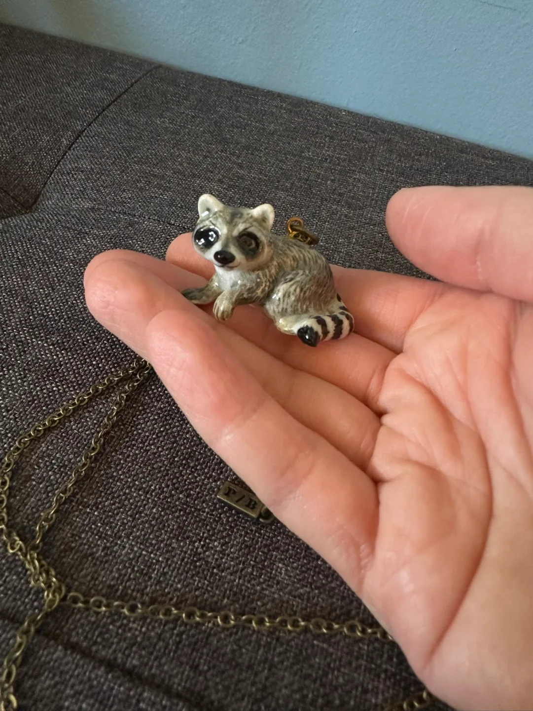 Cute vintage ceramic racoon  pendant necklace image indicator(2)