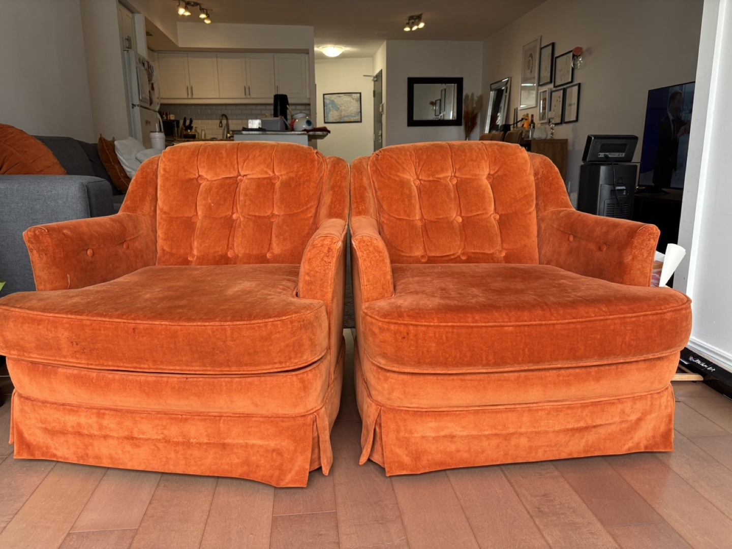 Pair of Vintage Orange Velvet Armchairs