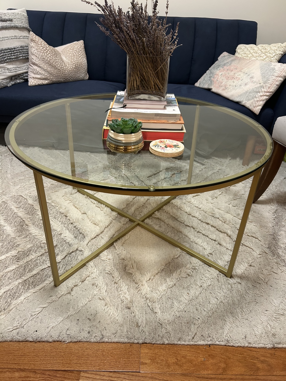 Round Glass Coffee Table with Gold Metal Frame