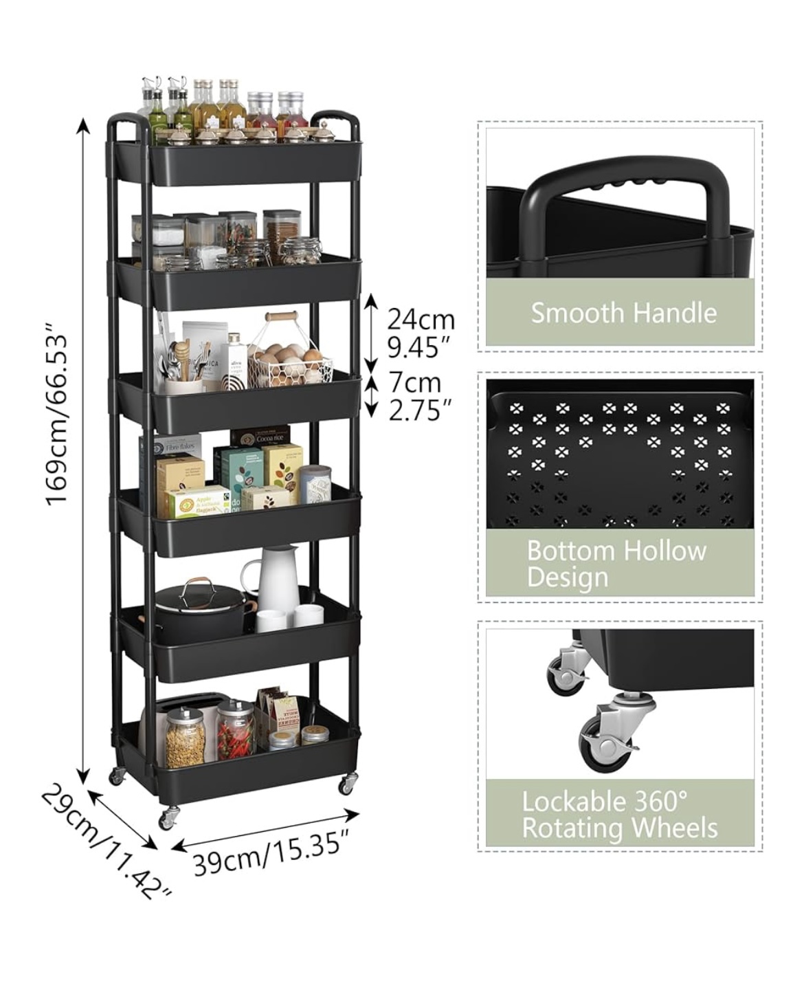 Black 5-Tier Rolling Utility Cart - photo 4