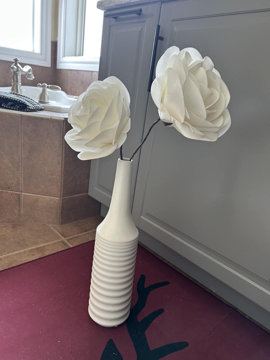 Tall White Ceramic Vase including Paper Flowers