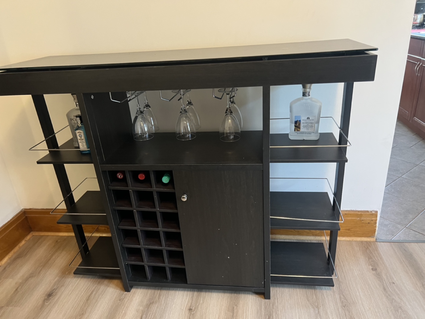 Dark Brown Wooden Bar Cabinet with Glass Top