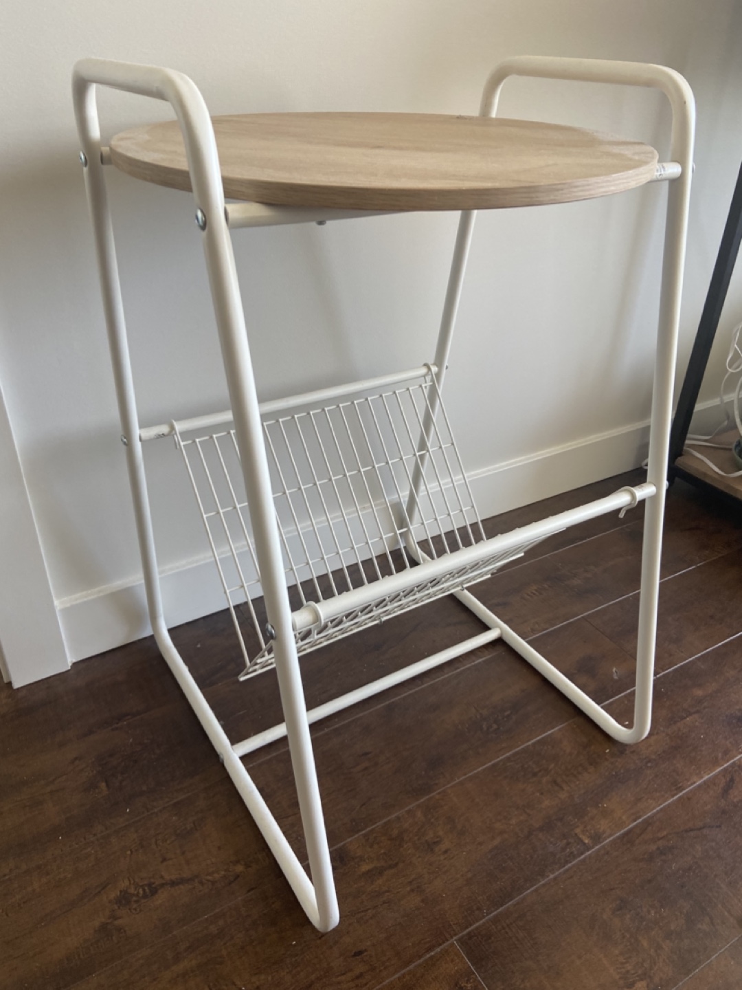 White Metal Side Table with Round Wood Top and Magazine Rack