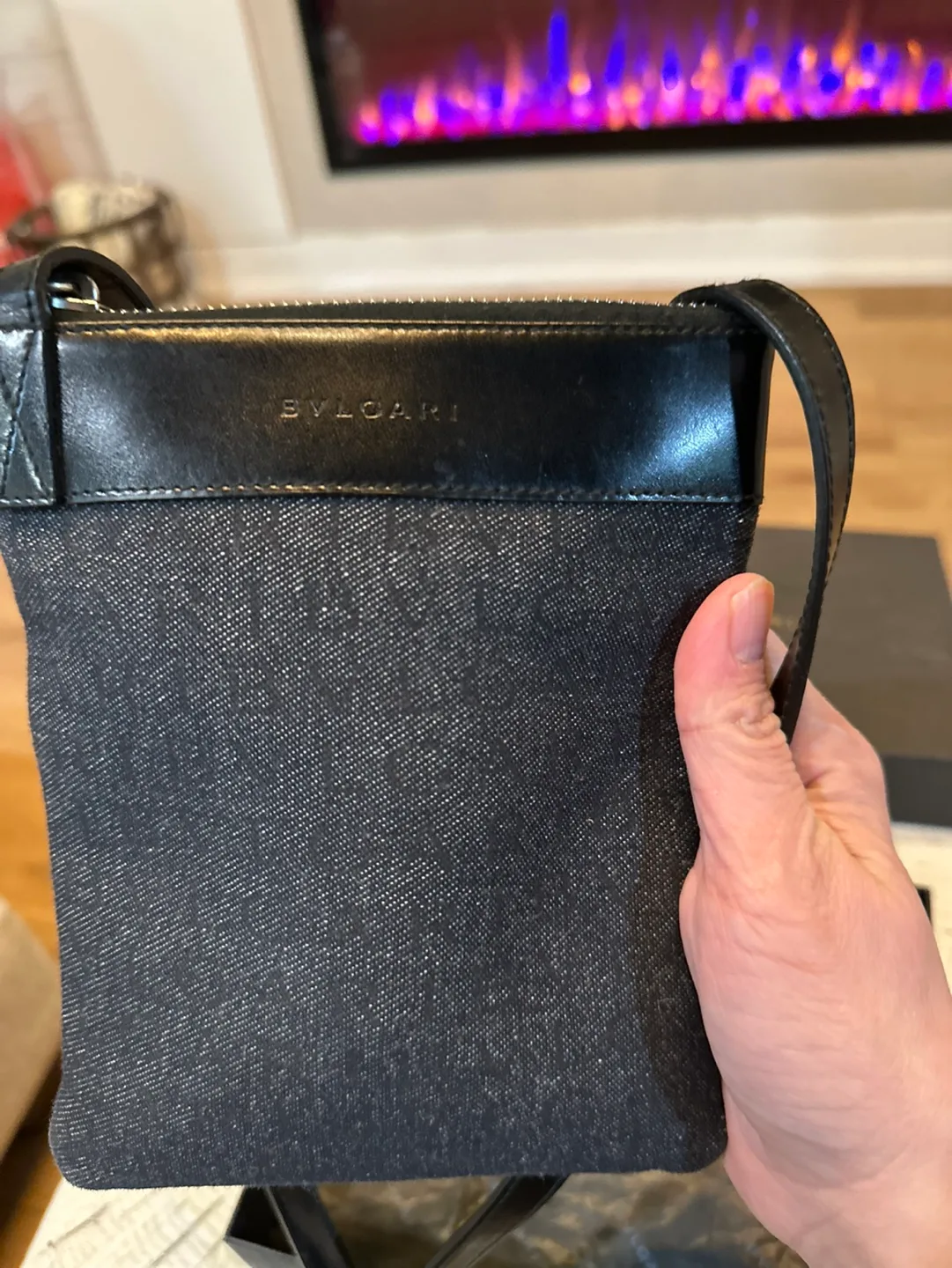 Authentic BVLGARI Black Leather and Denim Crossbody Bag image indicator(6)