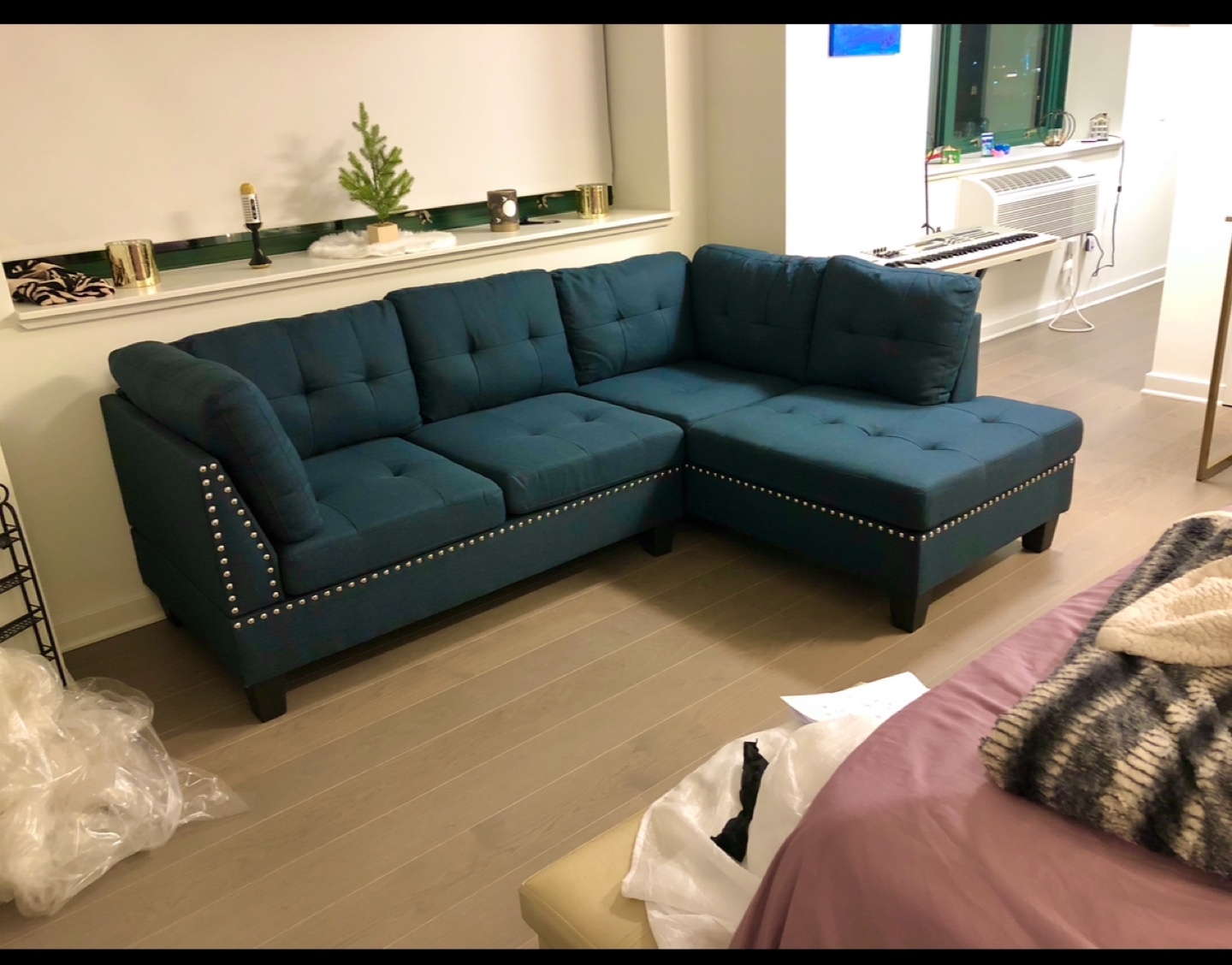 Navy Blue Upholstered Sectional Sofa - $350
