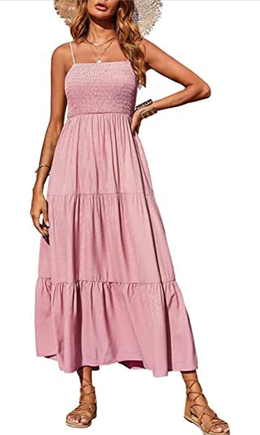 NEW! Pink tiered spaghetti strap smockedmaxi dress