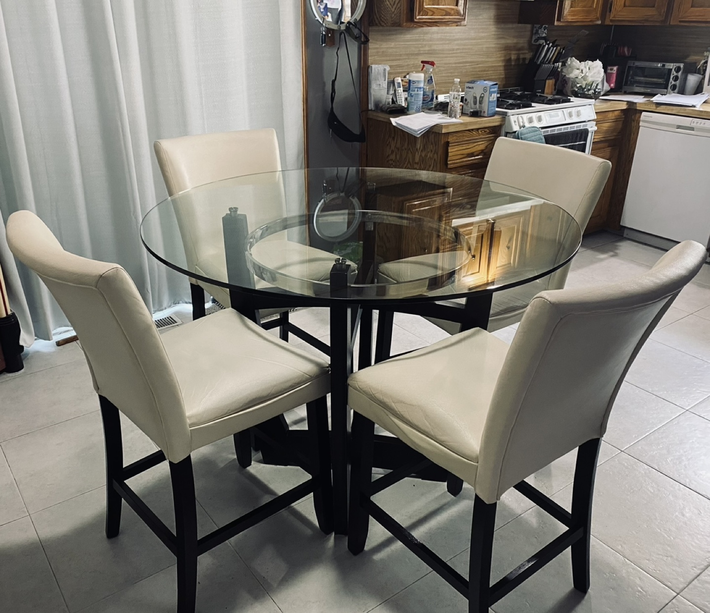 Glass-top Kitchen Table with Four counter height Chair