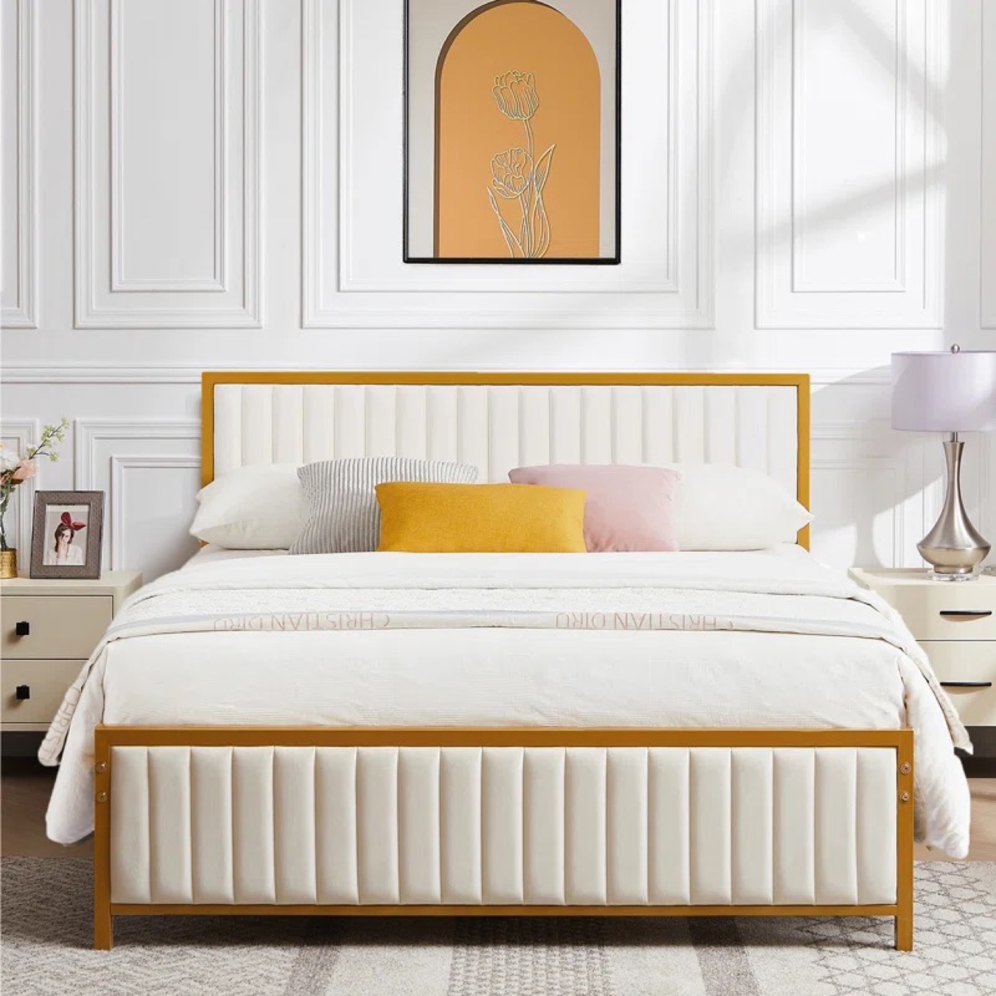 Brand New Gold Metal Full Bed Frame with Upholstered Headboard