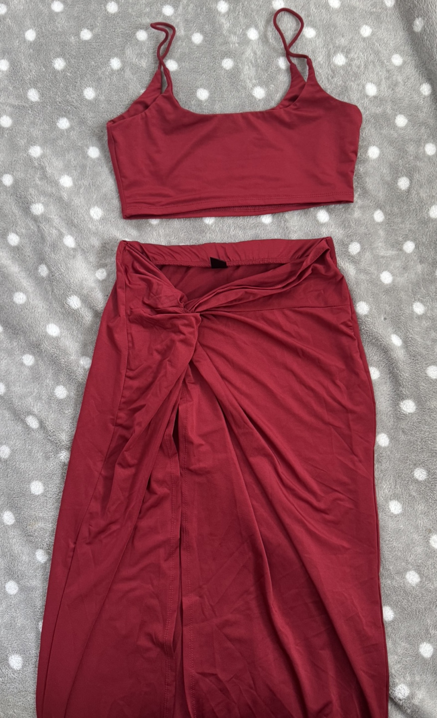 Two-piece set: Black and burgundy crop top and maxi skirt