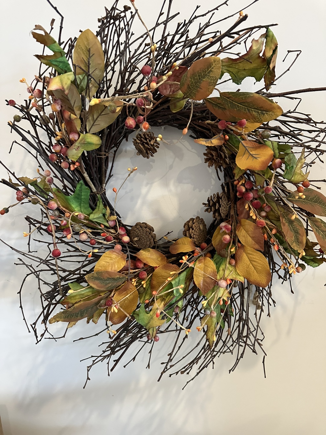 Autumnal Twig Wreath with Berries and Pinecones