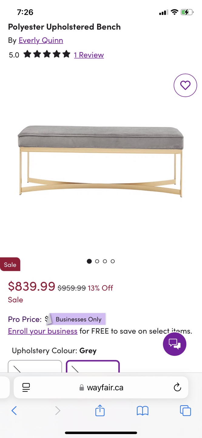 Gold Metal Frame Bench with Grey Velvet by Everly Quinn - photo 4