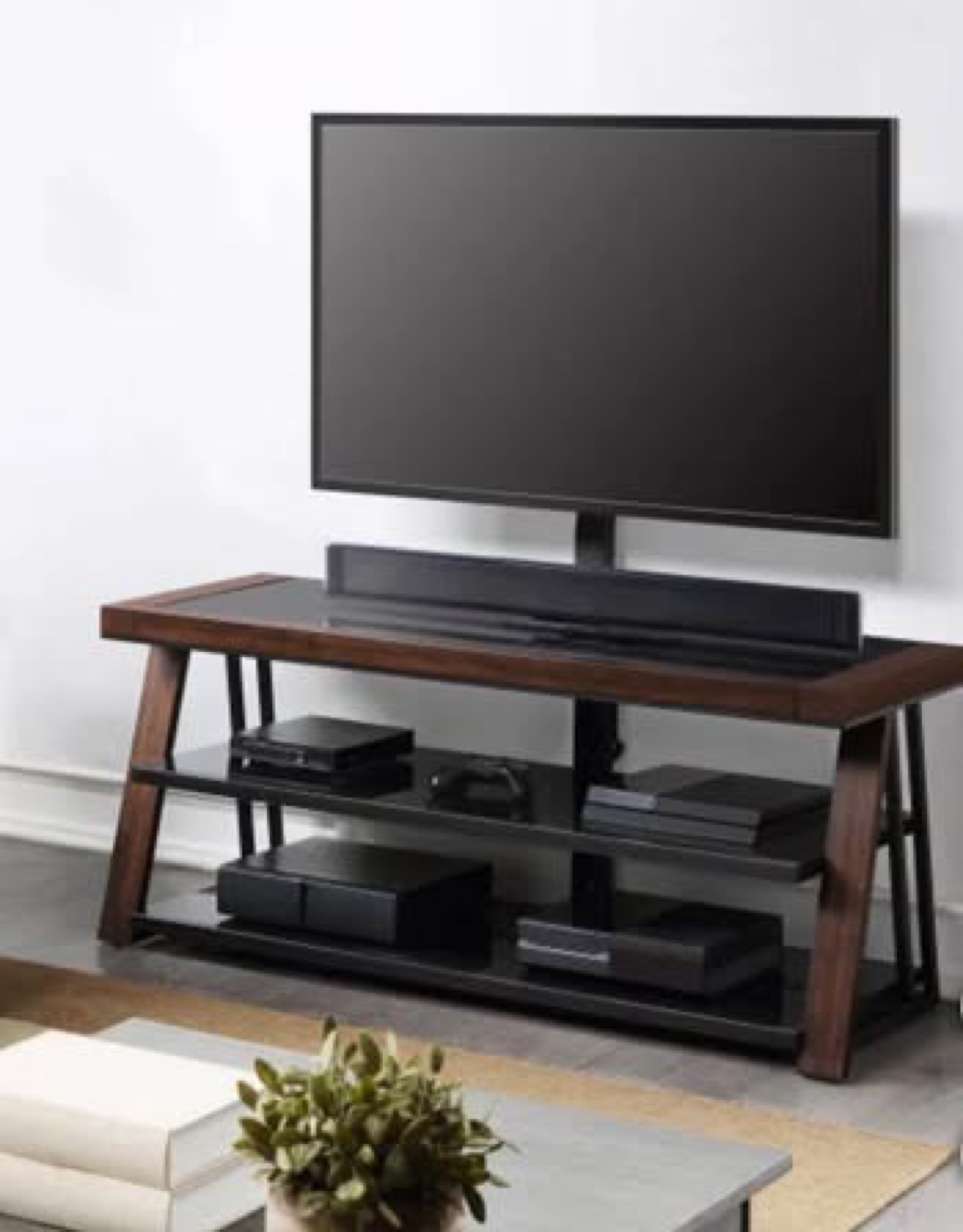 TV Stand with Mount, Black Glass & Wood, 3 Shelves - photo 2