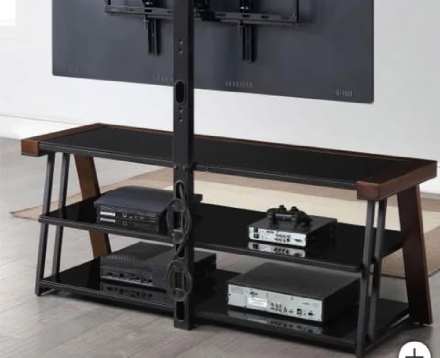 TV Stand with Mount, Black Glass & Wood, 3 Shelves - photo 3