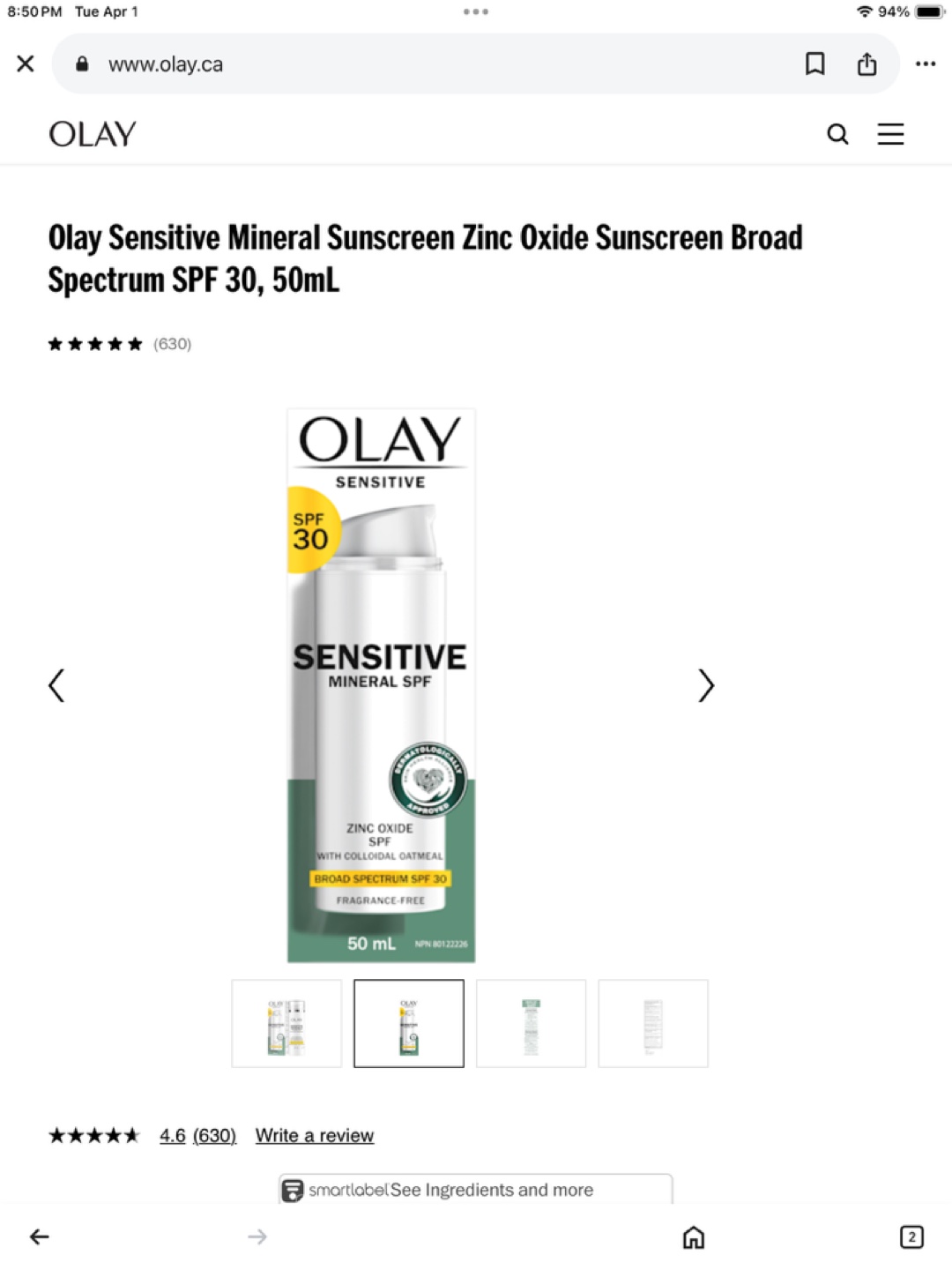 OLAY Sensitive Mineral Sunscreen SPF 30, 50ml