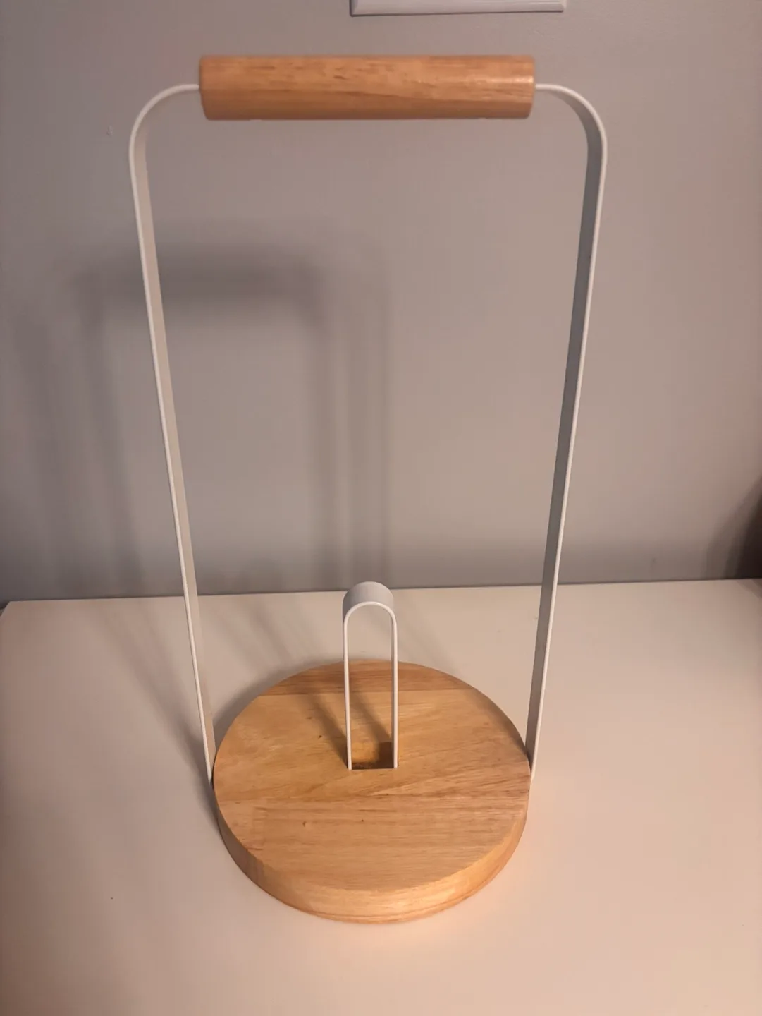 Modern Paper Towel Holder - White Metal & Wood thumbnail