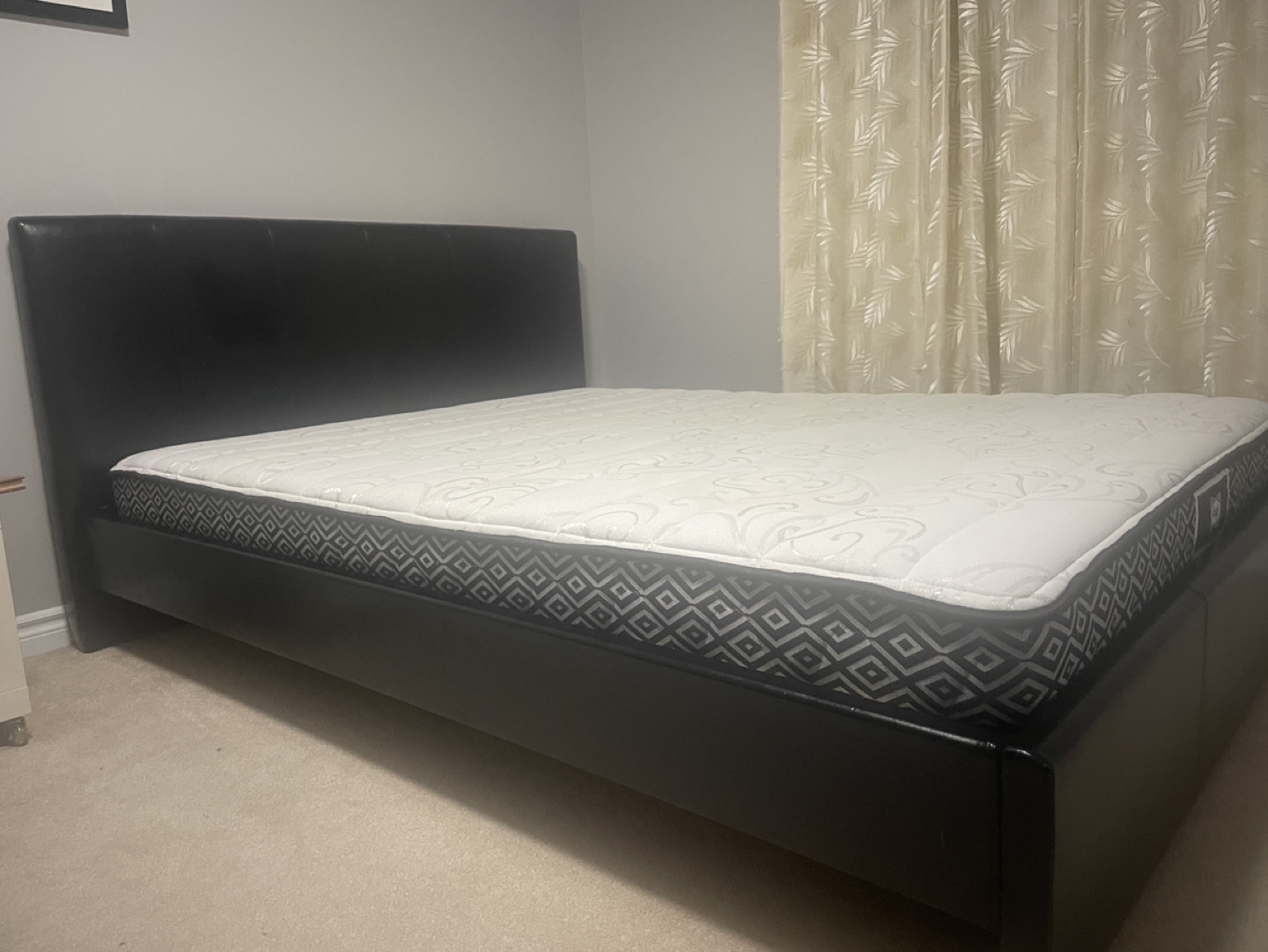 Queen Sealy Mattress and Black Faux Leather Bed Frame