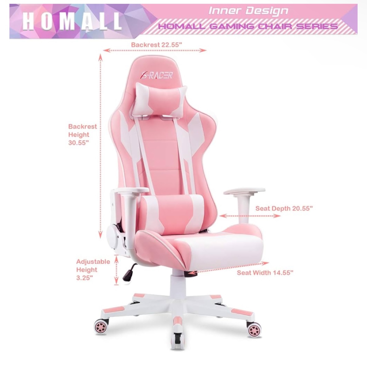 HOMALL Racer Series Pink and White Gaming Chair - photo 3