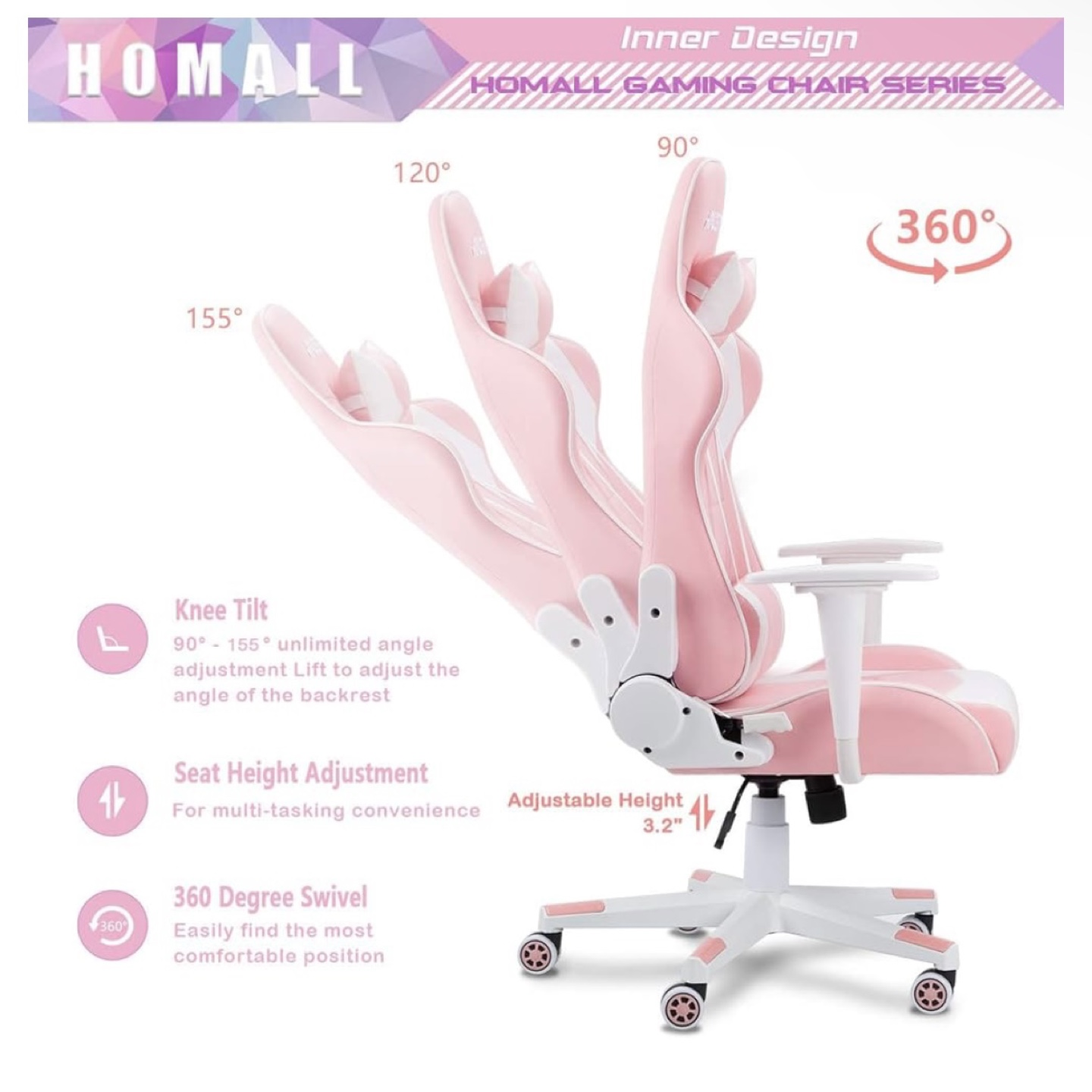 HOMALL Racer Series Pink and White Gaming Chair - photo 5