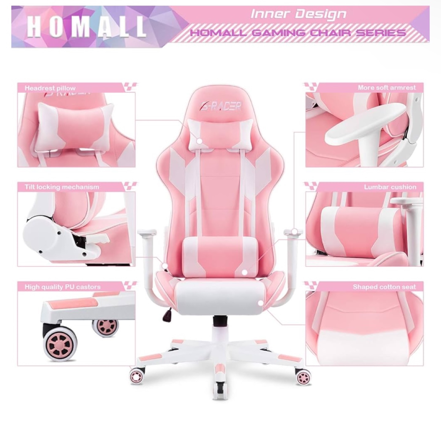 HOMALL Racer Series Pink and White Gaming Chair - photo 4