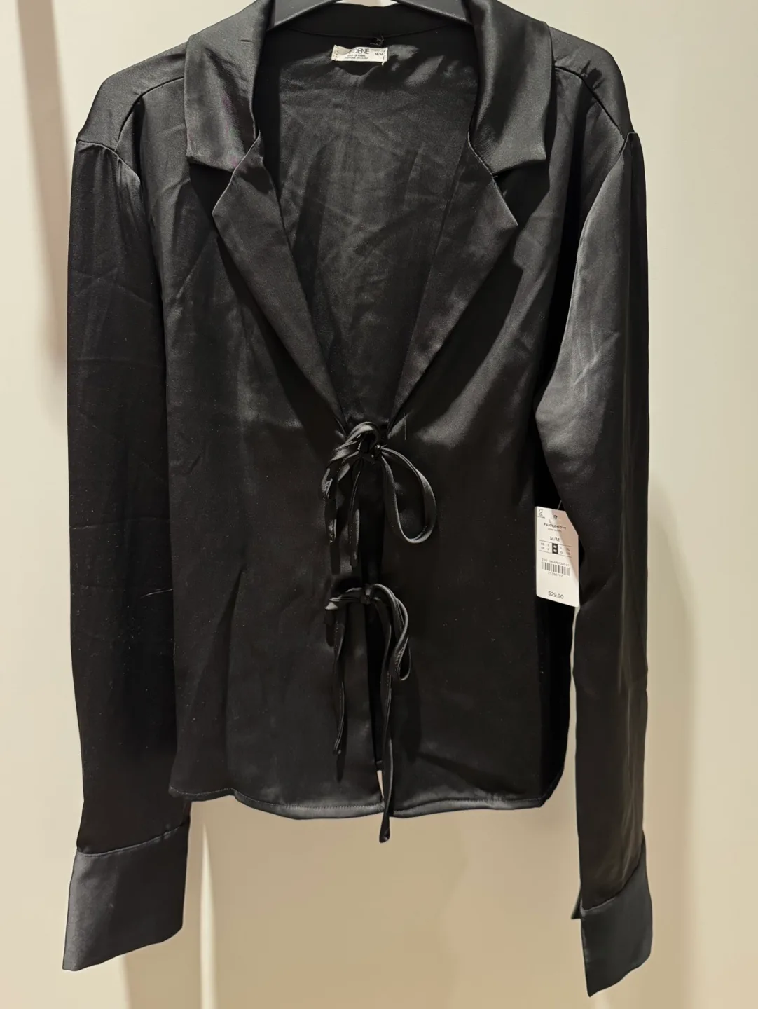 NEW WITH TAG black satin tie up longsleeve size medium image indicator(3)