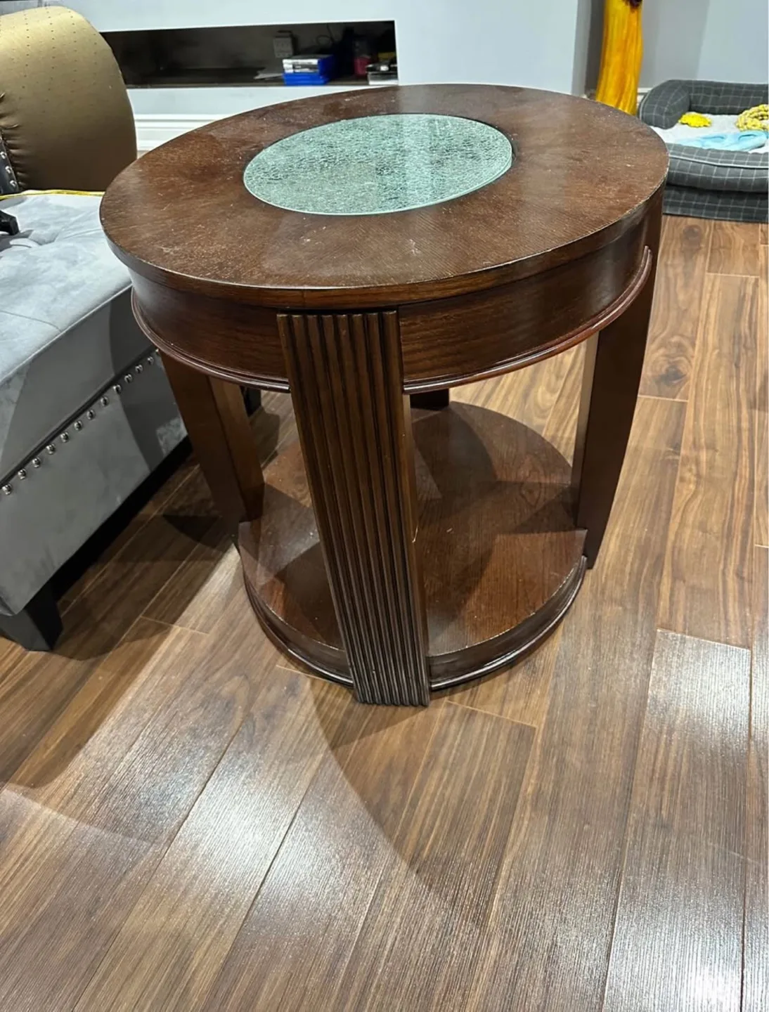 Round Wooden End Table with Glass Top image indicator(2)