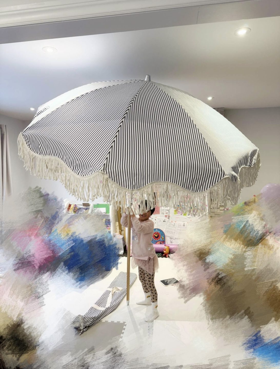 Large Striped Beach Umbrella with Fringe & Carry Bag
